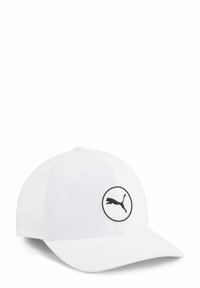 Casquette de baseball blanche avec une couronne arrondie, visière plate, et un logo circulaire noir représentant un panthère sautant sur le devant. Fabriqué en tissu lisse.