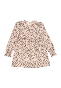 Long-sleeve dress in cream with a floral pattern in pink and green. Ruffled cuffs and a gathered waist. Soft cotton fabric.