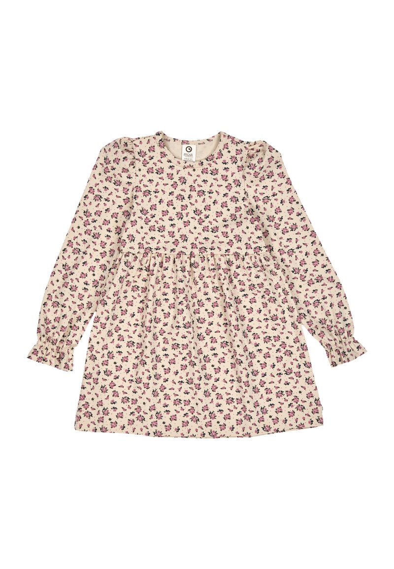 Long-sleeve dress in cream with a floral pattern in pink and green. Ruffled cuffs and a gathered waist. Soft cotton fabric.