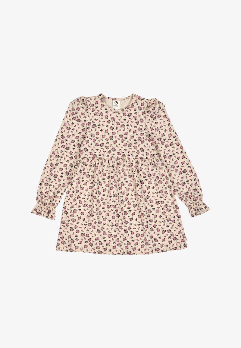 Long-sleeve dress in cream with a floral pattern in pink and green. Ruffled cuffs and a gathered waist. Soft cotton fabric.