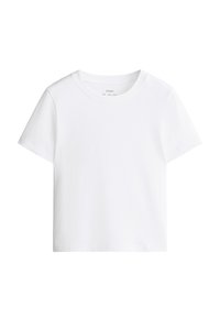 Plain white short-sleeve cotton T-shirt with crew neck, displayed flat against a white background.