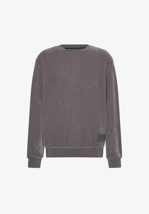 Pull gris à manches longues avec col rond, poignets et ourlet côtelés, avec un petit patch logo Calvin Klein noir près du bas.