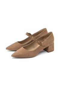 Cizme cu toc Mary Jane din suede maro, cu vârful ascuțit, curea ajustabilă și cataramă aurie, având un toc mic și un interior neted.