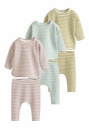 Four sets of toddler outfits in varying pastel stripes. Reversible tops with long sleeves and matching bottoms, featuring ribbed texture and soft materials.