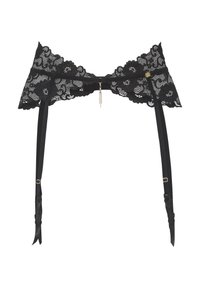 Melnās mežģīņu korsetes jostai ar ziedu rakstiem, regulējamiem siksnām, zelta apdari un karājošu ķēdes detaļu.