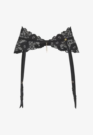 Čierny čipkový podväzok s kvetinovými vzormi, nastaviteľnými popruhmi, zlatým kovovým doplnkom a visiaci reťazec.