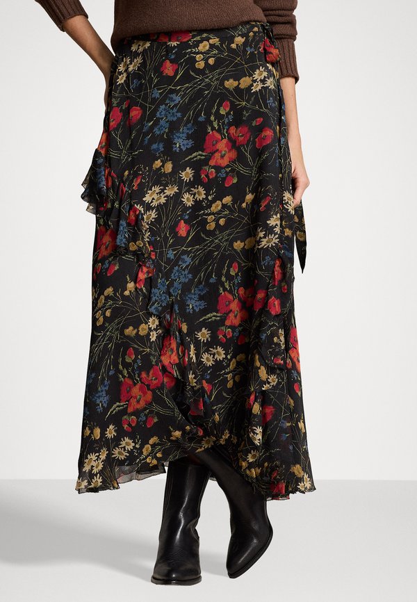 FLORAL RUFFLE-TRIM GEORGETTE WRAP SKIRT - Maxi skirt - midnight garden
