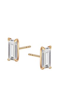 Kolczyki w kolorze z łotym z kamieniami szlachetnymi w kształcie prostokąta, osadzonymi w prętach. Kolczyki mają proste, proste sztyfty.