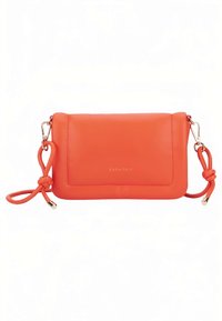 Geantă crossbody din piele portocalie cu finisaj neted, având un buzunar frontal, detalii cu curea înnodată și accesorii aurii.