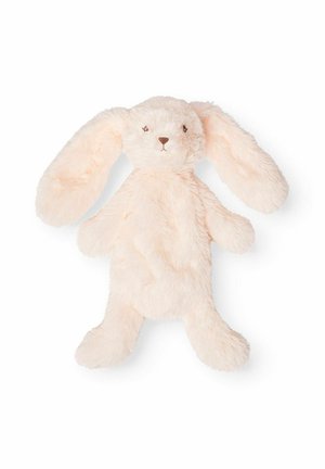Jouet lapin en peluche rose clair, doux, avec de longues oreilles, de petits traits du visage et une texture duveteuse sur fond blanc.