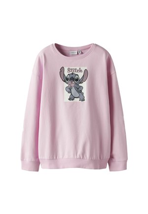 Rosa Sweatshirt mit einem gestickten Grafikdesign eines Cartoon-Charakters mit großen Ohren und weiten Augen. Weiches Baumwollmaterial, lässige Passform.