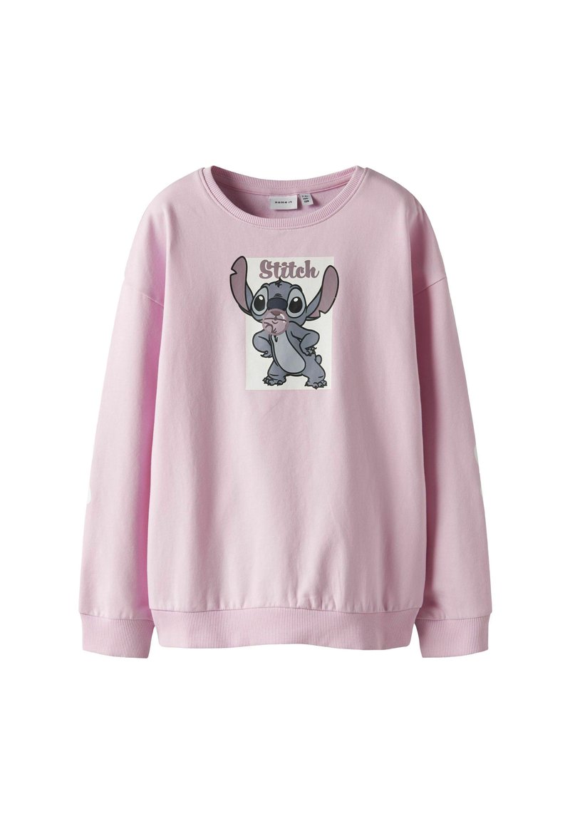 Felpa rosa con un motivo ricamato di un personaggio dei cartoni animati con grandi orecchie e occhi spalancati. Materiale in cotone morbido, vestibilità comoda.
