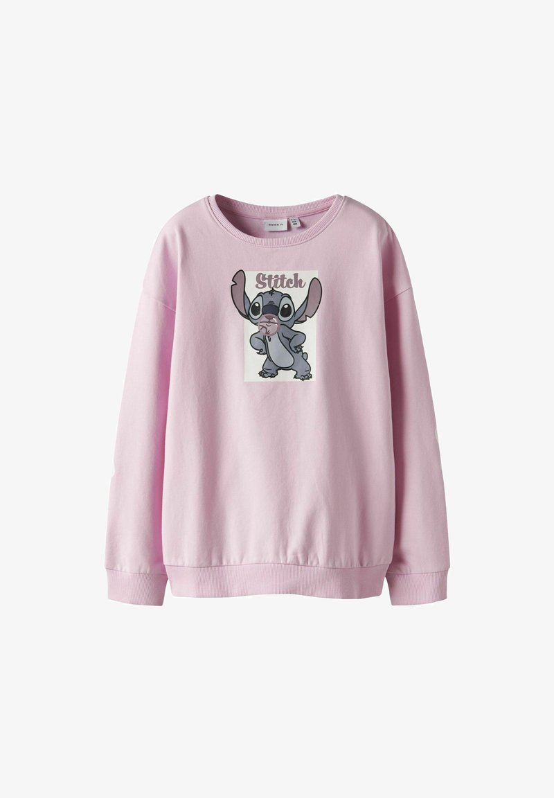 Sudadera rosa con un gráfico bordado de un personaje de dibujos animados con grandes orejas y ojos grandes. Material de algodón suave, corte relajado.