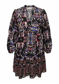 Abito nero con un motivo floreale in viola, rosso e blu. Scollo a V con maniche lunghe e orlo arricciato, realizzato in un tessuto leggero.