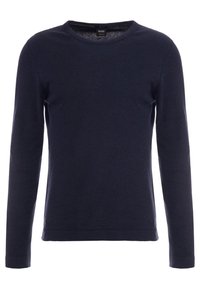 Laivastonsininen, pitkähihainen, pyöreäkauluksinen t-paita, valmistettu pehmeästä kankaasta. Siinä on suora leikkaus ja yksinkertainen muotoilu ilman näkyviä kuvioita tai koristeita.