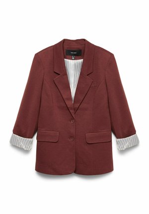 Bordeauxrode blazer van zachte stof met een getailleerde snit, voorzien van twee zakken aan de voorkant, twee knopen en gestreepte manchetten die tevoorschijn komen bij opgerolde mouwen.