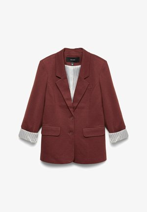Bordeauxrode blazer van zachte stof met een getailleerde snit, voorzien van twee zakken aan de voorkant, twee knopen en gestreepte manchetten die tevoorschijn komen bij opgerolde mouwen.