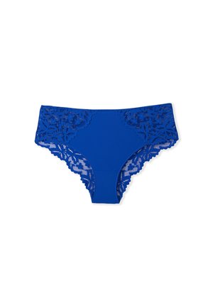 Mutande hipster blu con bordini in pizzo, presentano una parte anteriore blu solida e dettagli in pizzo intricati sui lati, tessuto morbido.