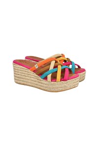 Sandalias de cuña con suela de yute, con tiras de ante multicolores en rosa, naranja, marrón y verde azulado. Plantilla de cuero suave.