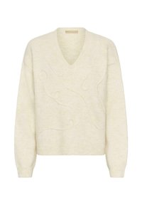 Krēmkrāsas V-veida kakla džemperis, izgatavots no mīksta adījuma materiāla ar teksturētām vīlēm. Tam ir ribotas aproces un apakšmala, kas nodrošina brīvu piegriezumu.