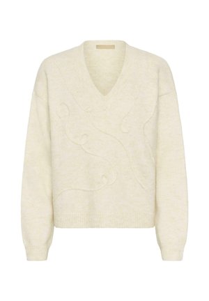 Cremfarbener Pullover mit V-Ausschnitt aus weichem Strickmaterial mit strukturierten Wirbeln. Verfügt über gerippte Bündchen und einen gerippten Saum, die eine entspannte Passform gewährleisten.