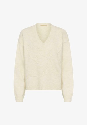 V-kaelusega kreemjas kampsun, valmistatud pehmest kudumisest ja tekstuursete keeristeta. Omab soonikuid mansette ja alumist äärt, tagades mugava istuvuse.