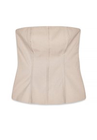 Beige strapless top with a structured design, featuring vertical seams and a smooth, textured surface. Tailored fit enhances shape.