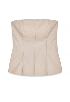 Bēšas topiņš bez lencēm ar strukturētu dizainu, kas raksturīgs vertikāliem šuvēm un gludu, teksturētu virsmu. Pielāgotā piegriezums uzsver figūru.