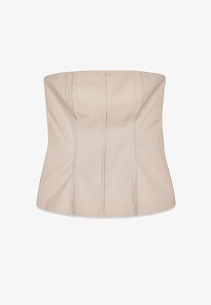 Beige trägerloses Oberteil mit einem strukturierten Design, das vertikale Nähte und eine glatte, texturierte Oberfläche aufweist. Die taillierte Passform betont die Silhouette.