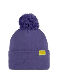 Purple knit beanie with a large pom-pom, featuring a folded brim and a yellow woven label with a mountain logo. Smooth texture.