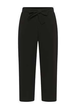 Pantalon noir taille haute fuselé avec une ceinture en tissu nouée en nœud à la taille, coupé court aux chevilles, sans poches ni boutons visibles.