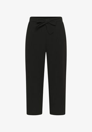 Black high-waist tapered pants with a fabric belt tied in a bow at the waist, cropped at the ankles, no visible pockets or buttons.