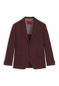 Burgundy tailored blazer, structured design, single-breasted, two front pockets, button closures, satin-lined interior, and notch lapels.