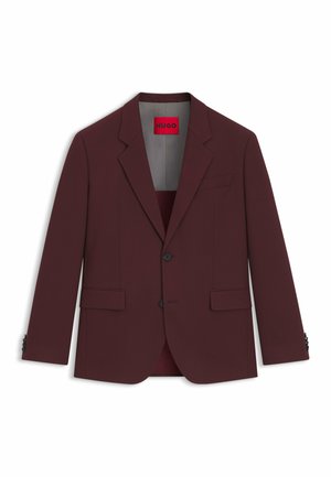 Burgundy tailored blazer, structured design, single-breasted, two front pockets, button closures, satin-lined interior, and notch lapels.
