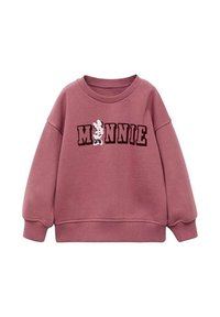 Sweatshirt rose en tissu doux, avec un col rond, des épaules tombantes et le texte "MINNIE" accompagné d'une illustration d'un personnage.