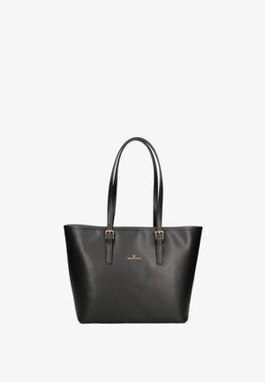 Sac fourre-tout en simili cuir noir avec quincaillerie dorée, deux longues anses, et un design simple et structuré présentant un détail de logo sur le devant.