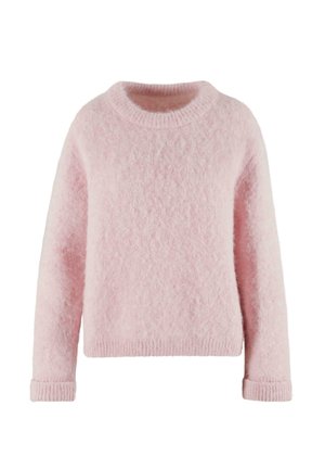 Lyserød genser lavet af blødt, fluffy materiale. Har en rund halsudskæring og ribbede manchetter. Enkel, hyggelig design uden mønstre.