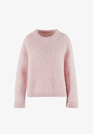 Svetlo roza pulover iz mehkega, puhastega materiala. Ima okroglo izrez in rebraste manšete. Preprost, udoben dizajn brez vzorcev.