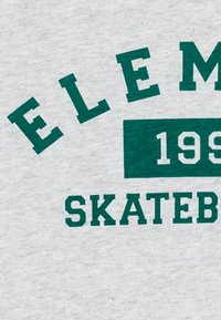 Maglietta grigia con testo verde che recita "ELEMENT 1993 SKATEBOARD". Il tessuto sembra morbido con una leggera texture.