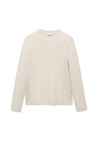 Pull beige à manches longues avec col rond, texture simple et lisse, sans motifs ni dessins visibles.