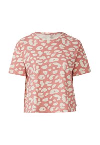 Kurzärmeliges pinkes T-Shirt mit einem weißen Leopardenmuster. Hergestellt aus weichem Stoff mit lockerer Passform und Rundhalsausschnitt.