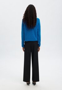 Zils adīts džemperis ar garām piedurknēm, saskaņots ar brīviem melniem biksēm un melniem papēžu apaviem, redzams no aizmugures uz neitrālas fona.