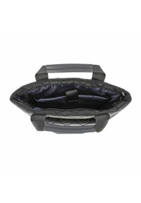 Bolso tote acolchado negro, con asas acolchadas y un interior suave y oscuro. Incluye un divisor central y un cierre con cremallera para un almacenamiento seguro.