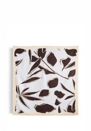 Quadratisches Tuch mit beigem Rand und großen schwarzen abstrakten Blatt- und Pflanzformen auf weißem Hintergrund.