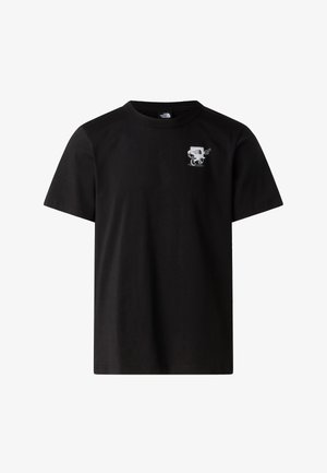 Czarny bawełniany t-shirt z krótkim rękawem, z małym graficznym logo na piersi. Klasyczny krój z okrągłym dekoltem, gładka tekstura.