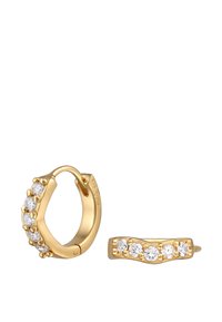 Goldene Creolen-Ohrringe, die fünf runde, klare Steine in einem geschwungenen Design präsentieren, mit einer polierten Oberfläche und sicherem Verschluss.