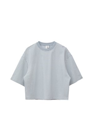 Light blue cropped T-shirt with thin white horizontal stripes and short sleeves against a white background.