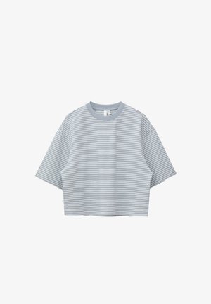 Light blue cropped T-shirt with thin white horizontal stripes and short sleeves against a white background.