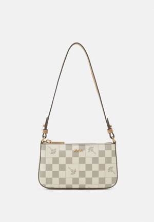 Petit sac à main beige et gris à carreaux avec motifs floraux, logo doré "JOOP!" et bandoulière réglable avec ferrures dorées.