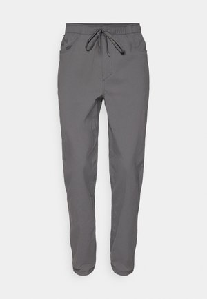 Pantalons légers gris avec une taille élastique et un cordon de serrage réglable. Comprend deux poches latérales et un design de jambe fuselée.